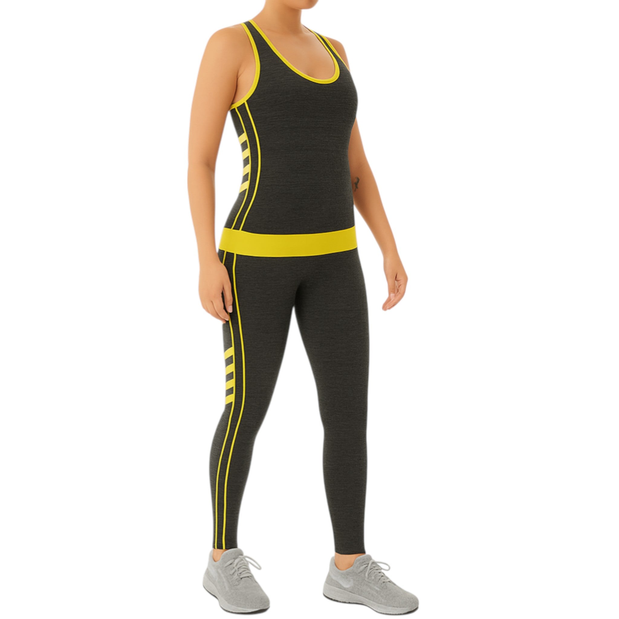 Women's seamless grey and yellow gym leggings and tank top activewear gymwear set with stripe detailing.